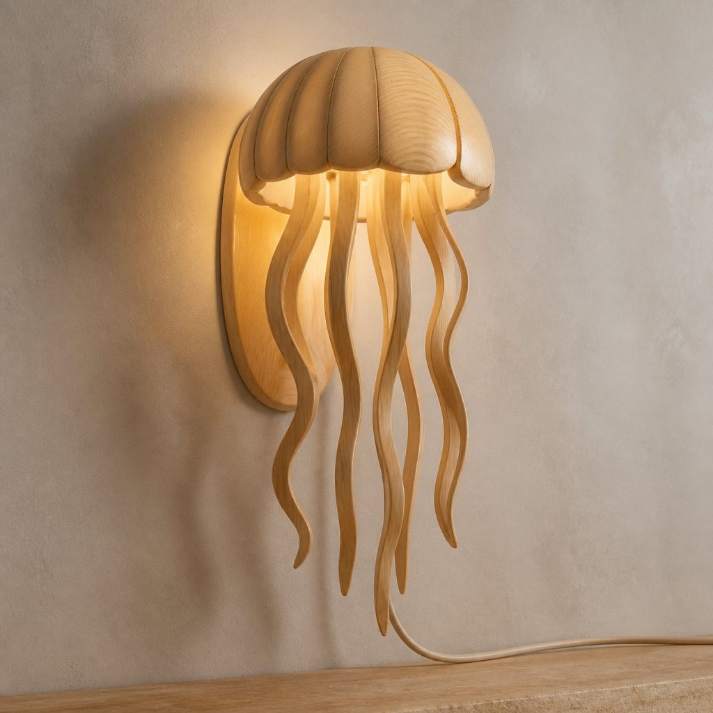 Floating Jellyfish Wall Sconce shown as an original square photorealistic jellyfish lamp made from natural light-yellow wood with fine grain and warm diffused light