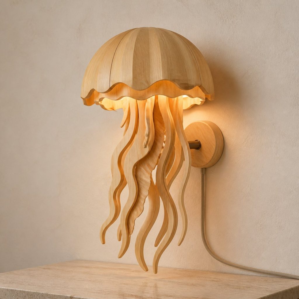 Layered Jellyfish Wall Lamp shown as an original square photorealistic jellyfish lamp made from natural light-yellow wood with fine grain and warm diffused light