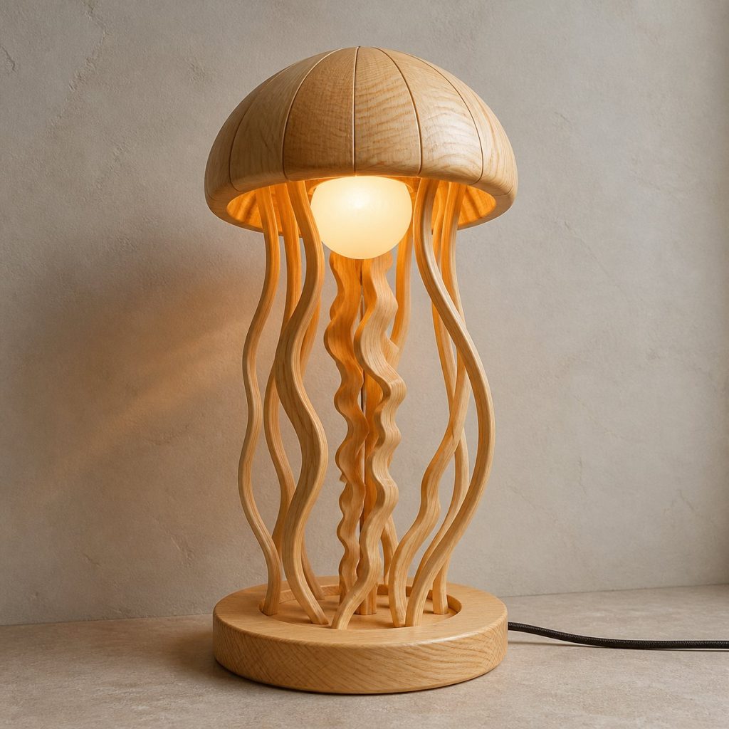 Jellyfish Pearl Orb Lamp shown as an original square photorealistic jellyfish lamp made from natural light-yellow wood with fine grain and warm diffused light