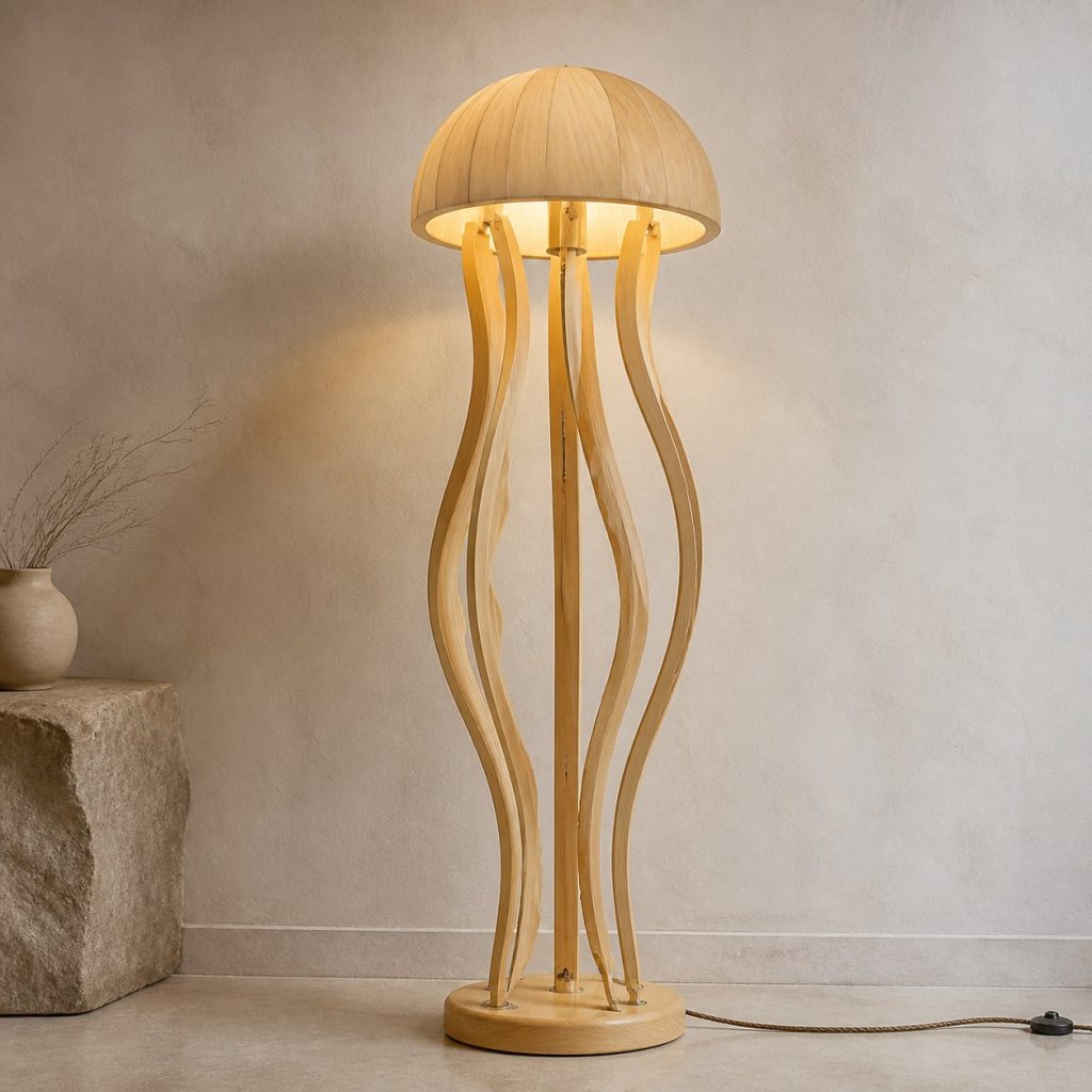 Tall Jellyfish Floor Lamp shown as an original square photorealistic jellyfish lamp made from natural light-yellow wood with fine grain and warm diffused light