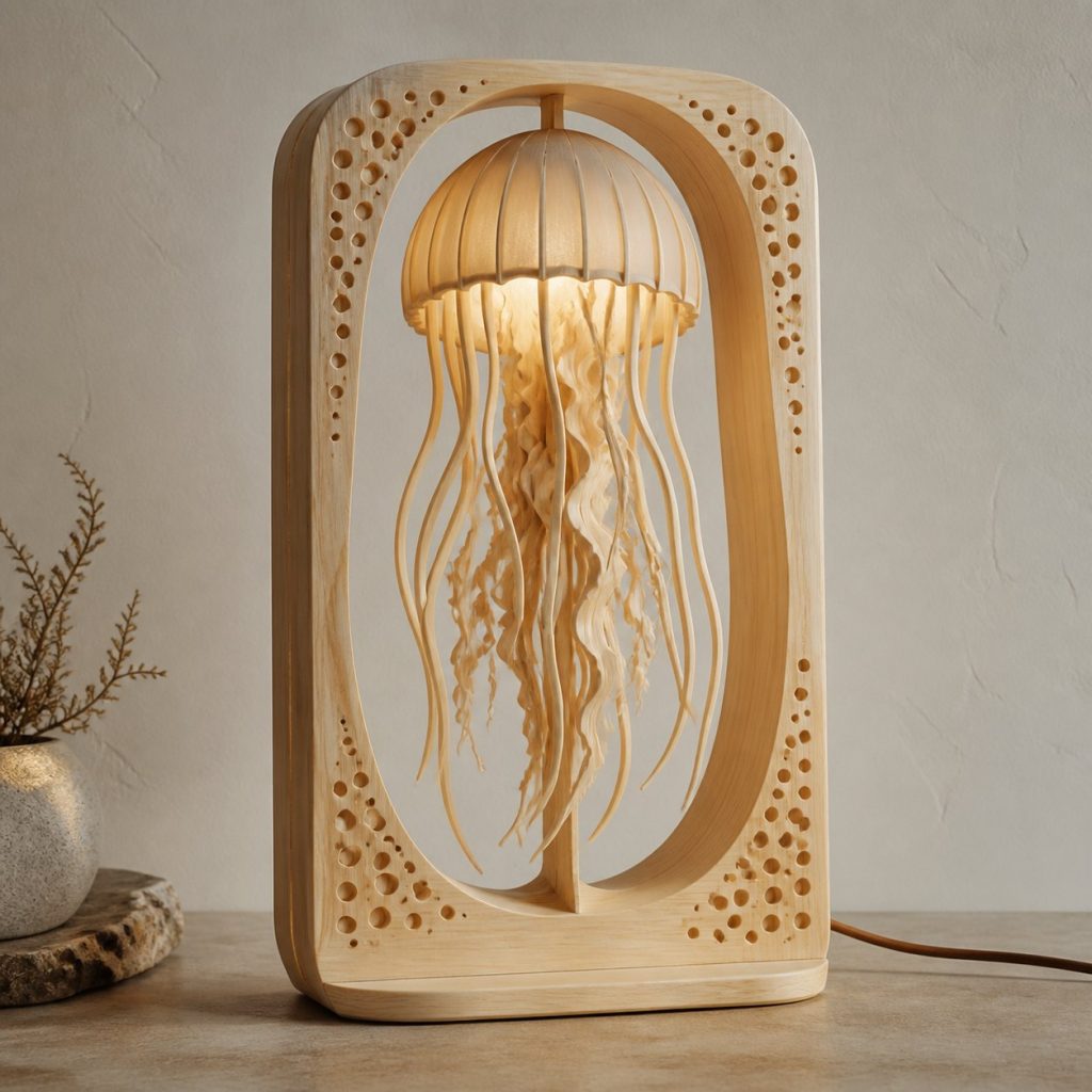 Ocean Jellyfish Lantern shown as an original square photorealistic jellyfish lamp made from natural light-yellow wood with fine grain and warm diffused light