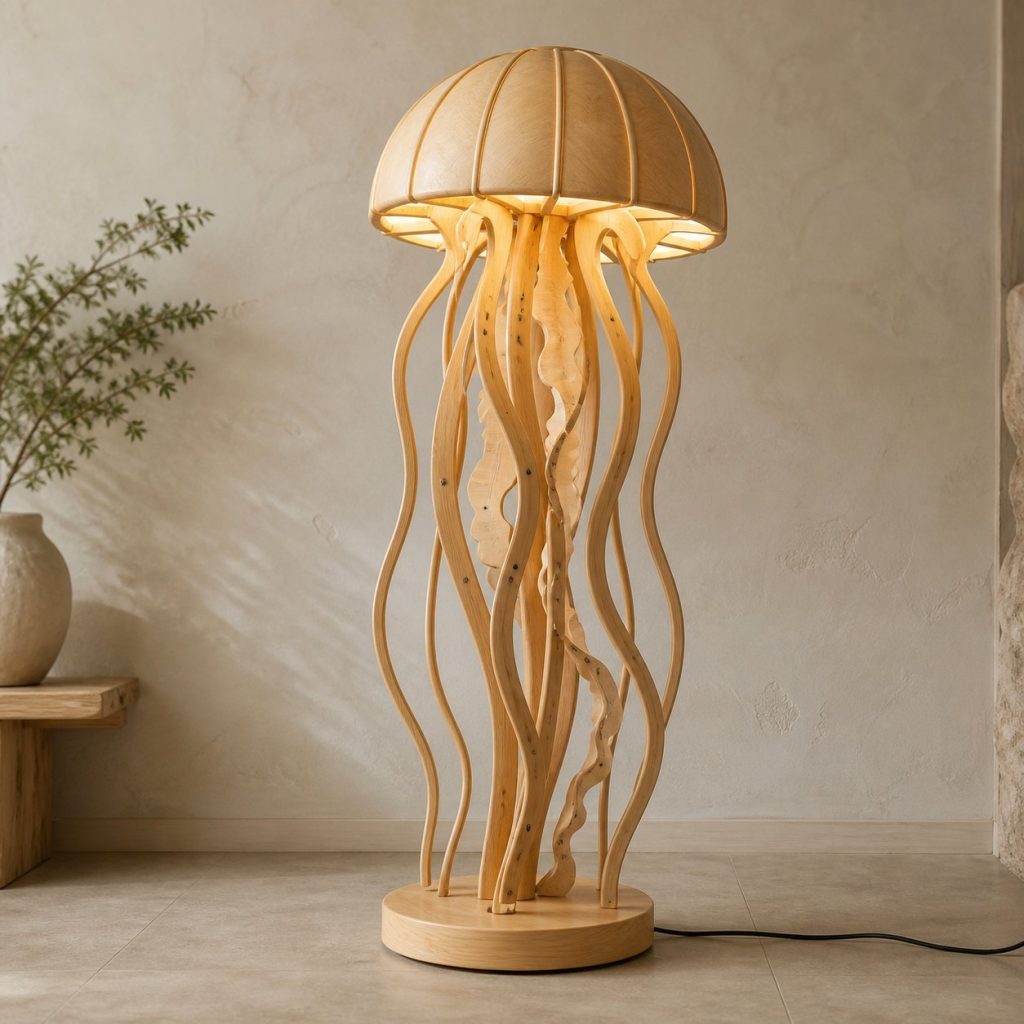 Cascade Jellyfish Floor Lamp shown as an original square photorealistic jellyfish lamp made from natural light-yellow wood with fine grain and warm diffused light