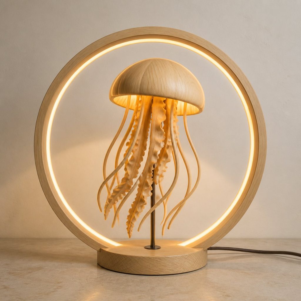 Jellyfish Current-Ring Lamp shown as an original square photorealistic jellyfish lamp made from natural light-yellow wood with fine grain and warm diffused light