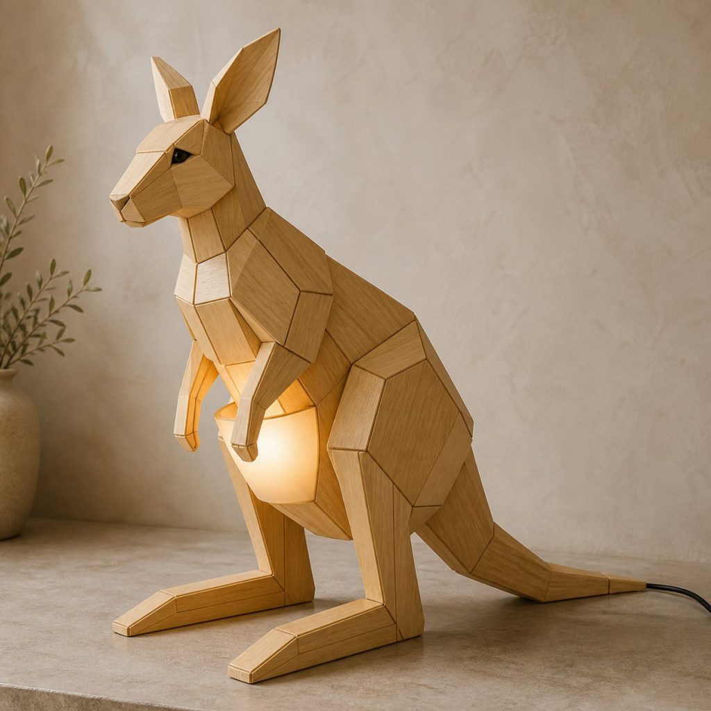 Faceted Kangaroo Lamp shown as an original square photorealistic kangaroo lamp made from natural light-yellow wood with fine grain and warm diffused light