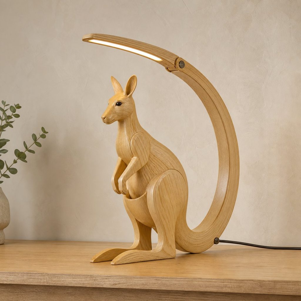 Kangaroo-Tail Desk Task Lamp shown as an original square photorealistic kangaroo lamp made from natural light-yellow wood with fine grain and warm diffused light