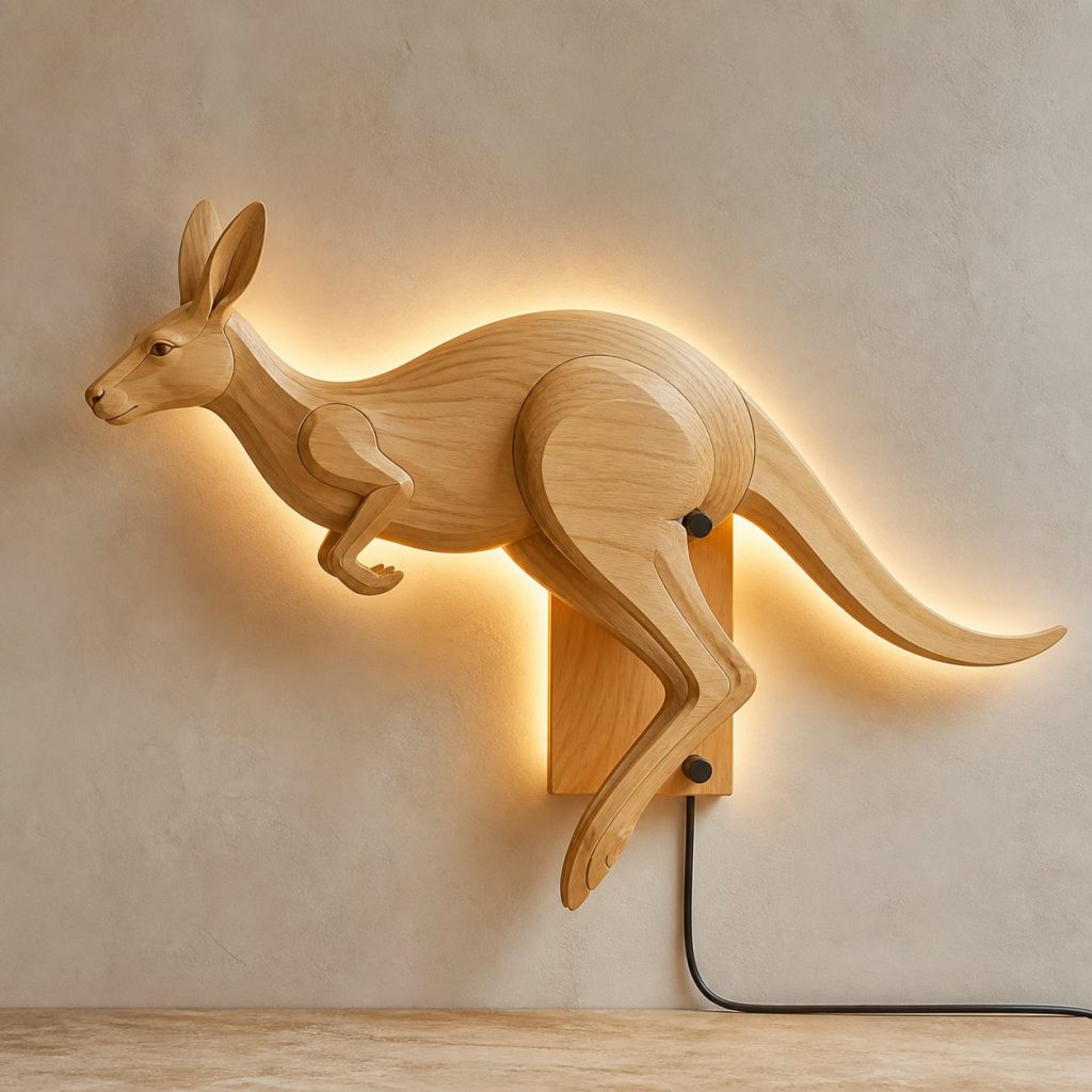 Leaping Kangaroo Wall Sconce shown as an original square photorealistic kangaroo lamp made from natural light-yellow wood with fine grain and warm diffused light