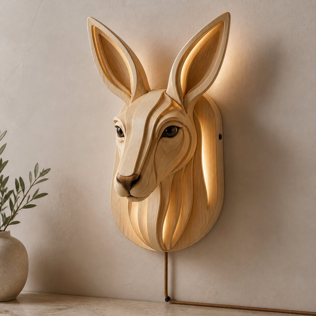 Layered Kangaroo Face Wall Lamp shown as an original square photorealistic kangaroo lamp made from natural light-yellow wood with fine grain and warm diffused light