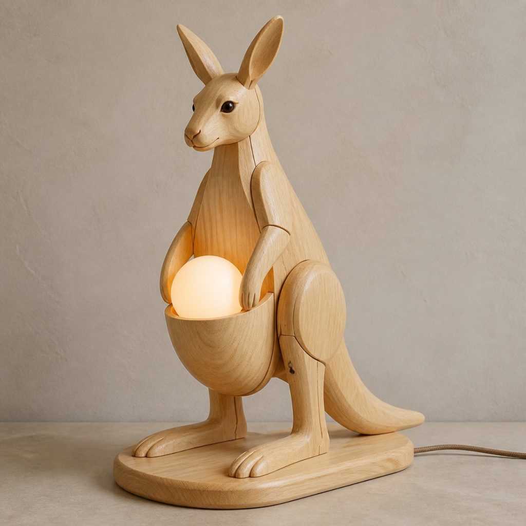 Kangaroo Pouch Orb Lamp shown as an original square photorealistic kangaroo lamp made from natural light-yellow wood with fine grain and warm diffused light
