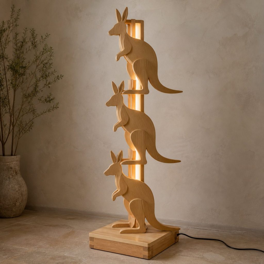 Stacked Kangaroo Floor Lamp shown as an original square photorealistic kangaroo lamp made from natural light-yellow wood with fine grain and warm diffused light