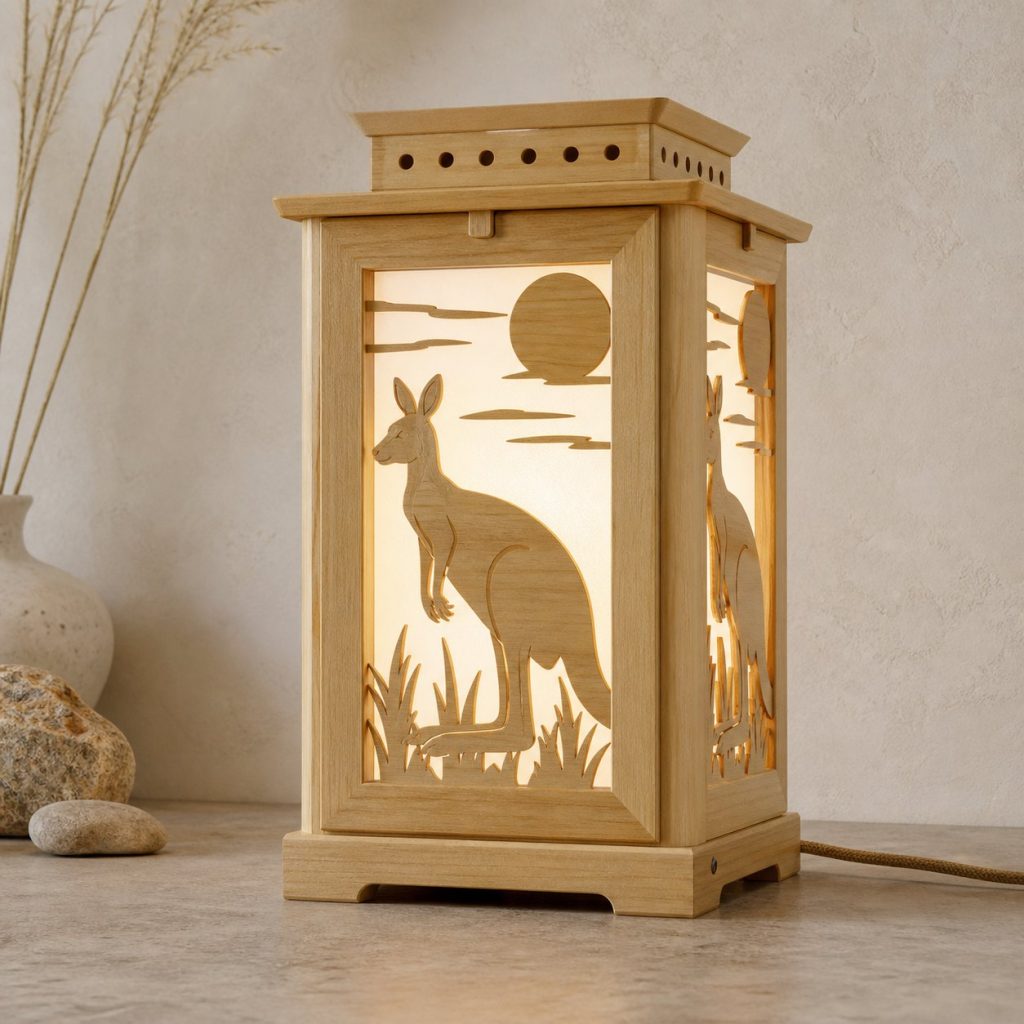 Outback Kangaroo Lantern shown as an original square photorealistic kangaroo lamp made from natural light-yellow wood with fine grain and warm diffused light