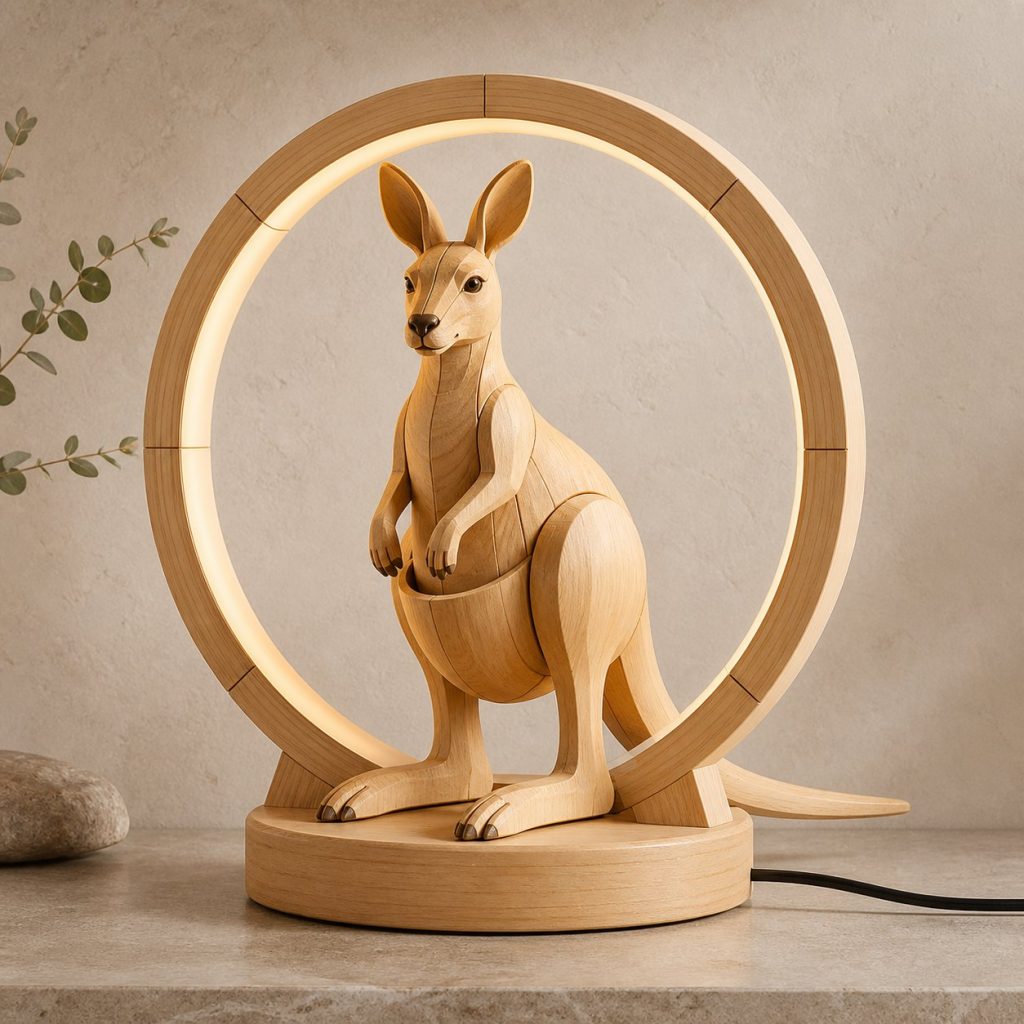 Kangaroo-and-Sun Ring Lamp shown as an original square photorealistic kangaroo lamp made from natural light-yellow wood with fine grain and warm diffused light