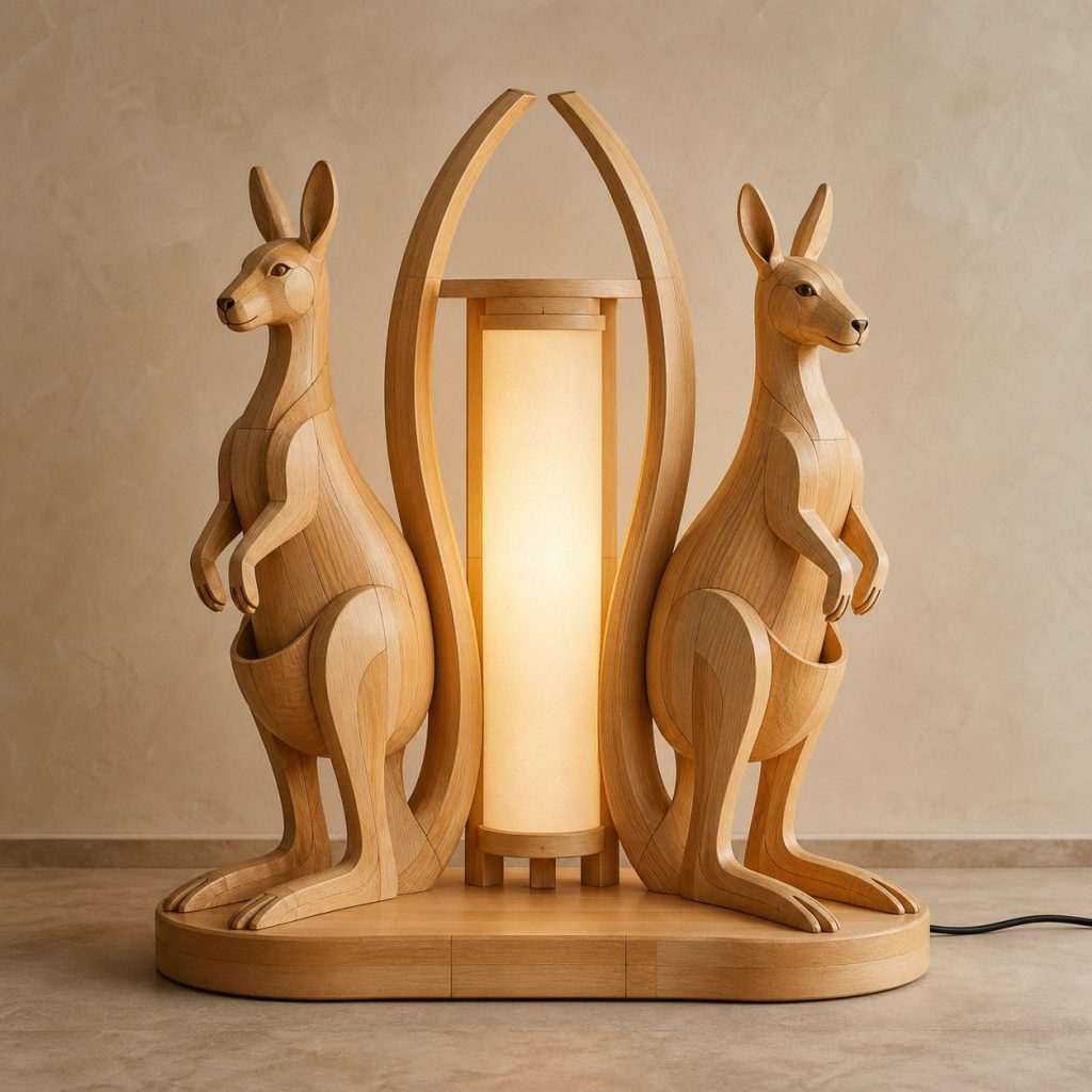 Twin-Tail Kangaroo Floor Lamp shown as an original square photorealistic kangaroo lamp made from natural light-yellow wood with fine grain and warm diffused light