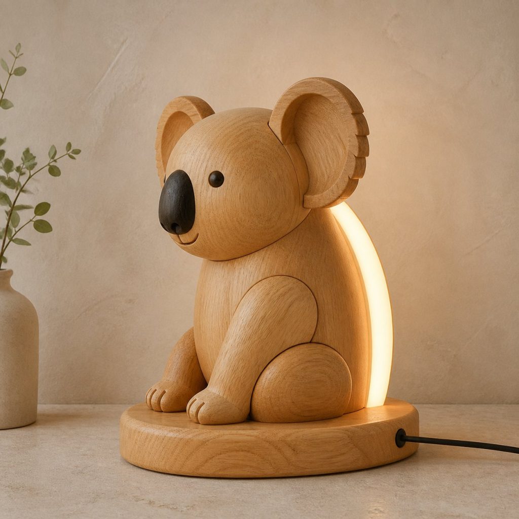 Seated Koala Profile Lamp shown as an original square photorealistic koala lamp made from natural light-yellow wood with fine grain and warm diffused light