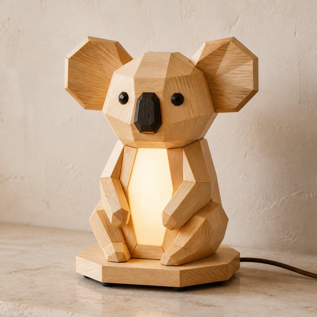 Faceted Koala Lamp shown as an original square photorealistic koala lamp made from natural light-yellow wood with fine grain and warm diffused light