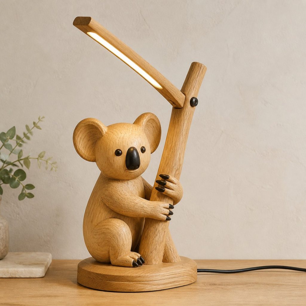 Koala-Branch Desk Task Lamp shown as an original square photorealistic koala lamp made from natural light-yellow wood with fine grain and warm diffused light