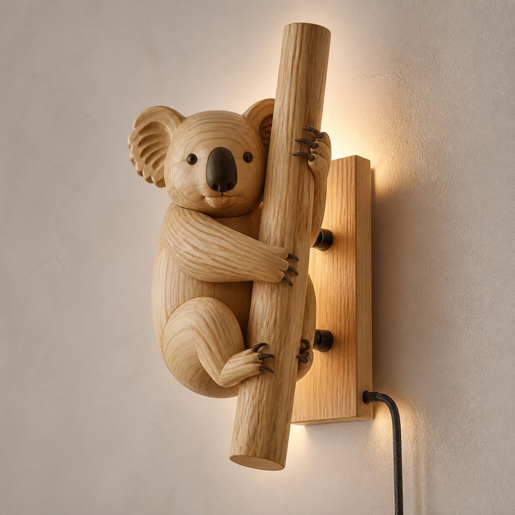 Climbing Koala Wall Sconce shown as an original square photorealistic koala lamp made from natural light-yellow wood with fine grain and warm diffused light
