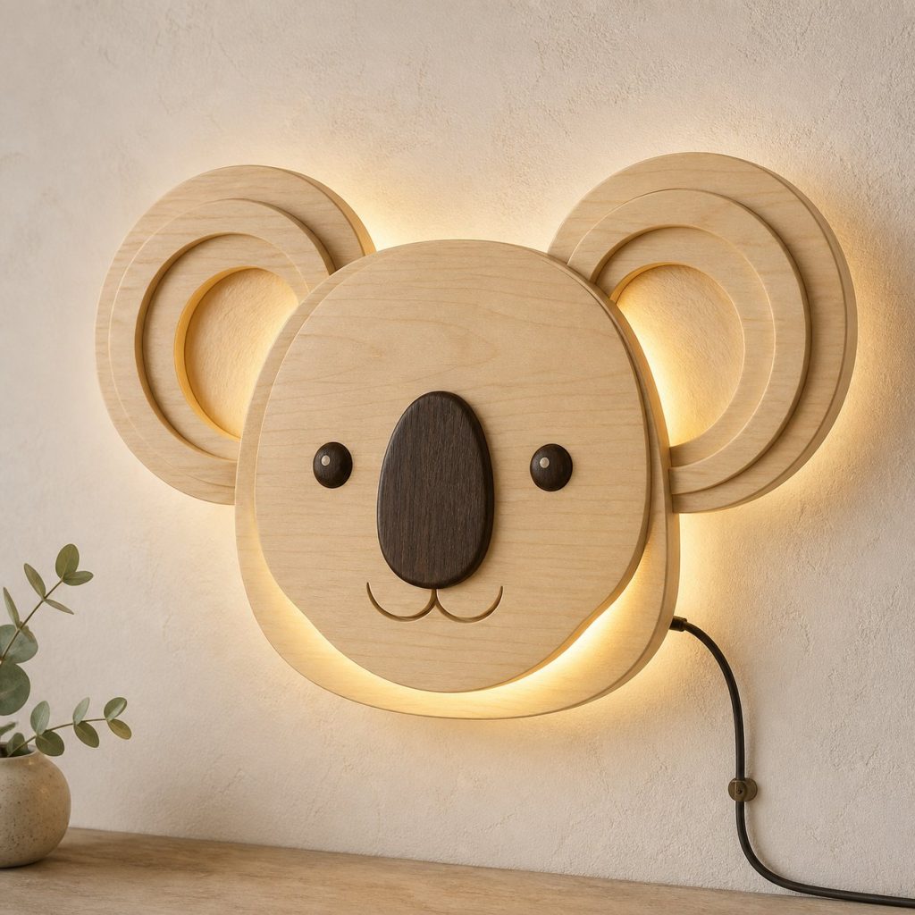 Layered Koala Face Wall Lamp shown as an original square photorealistic koala lamp made from natural light-yellow wood with fine grain and warm diffused light