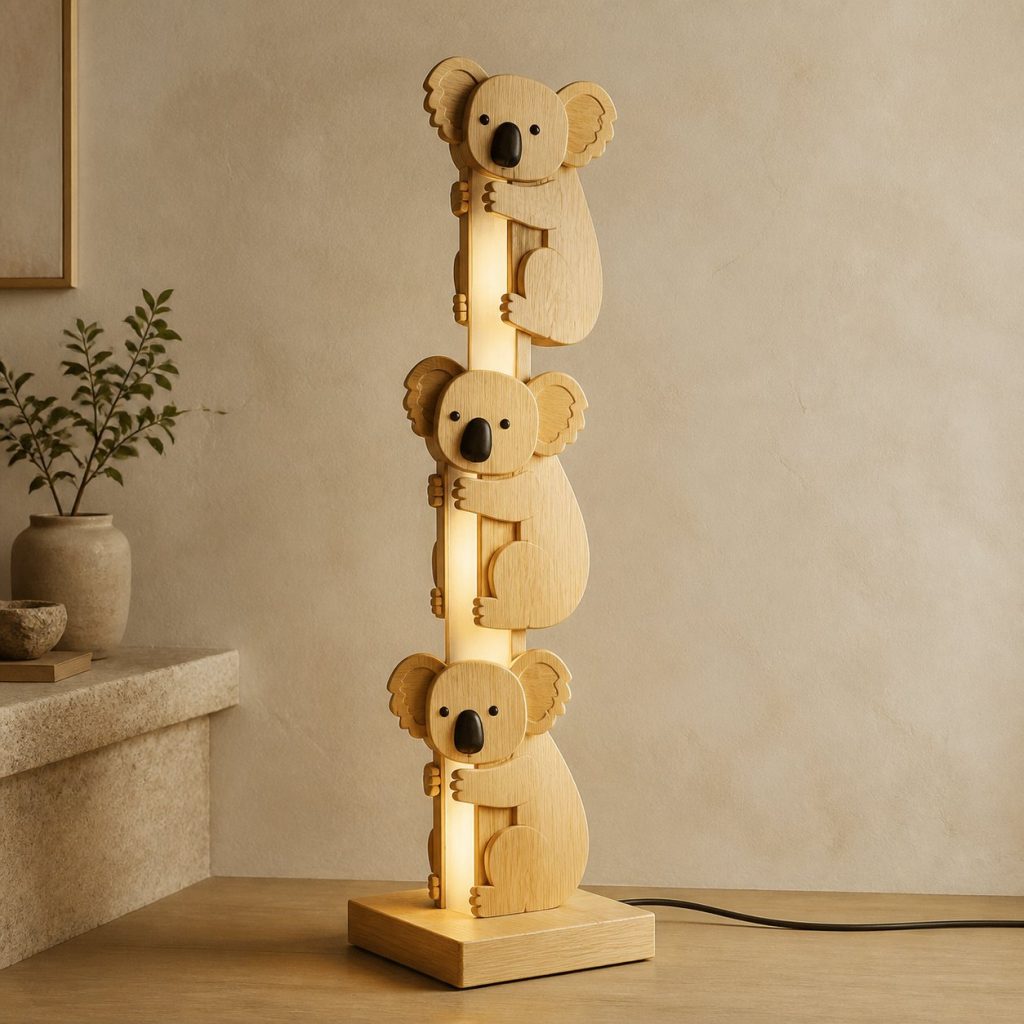 Stacked Koala Floor Lamp shown as an original square photorealistic koala lamp made from natural light-yellow wood with fine grain and warm diffused light