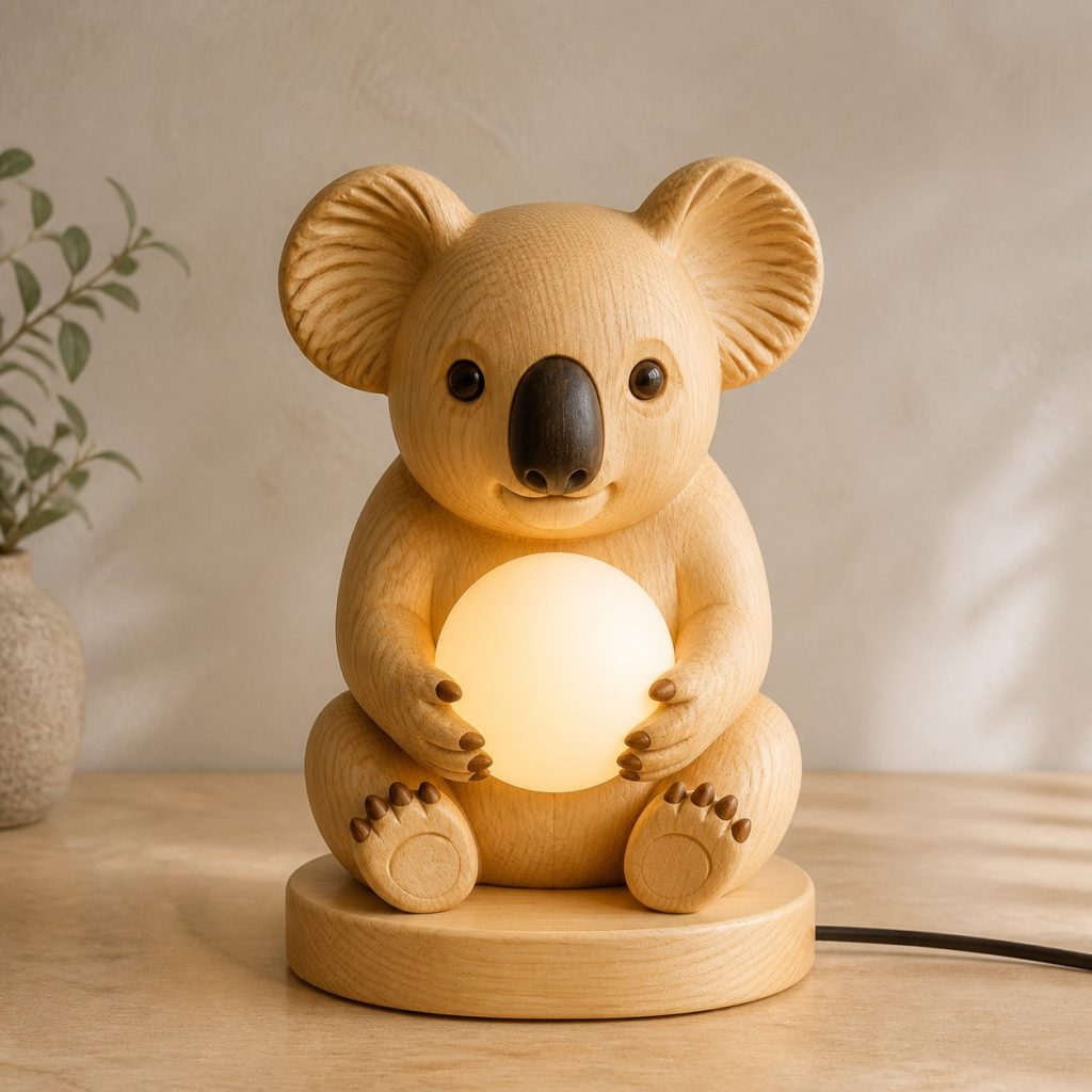 Koala Orb Lamp shown as an original square photorealistic koala lamp made from natural light-yellow wood with fine grain and warm diffused light