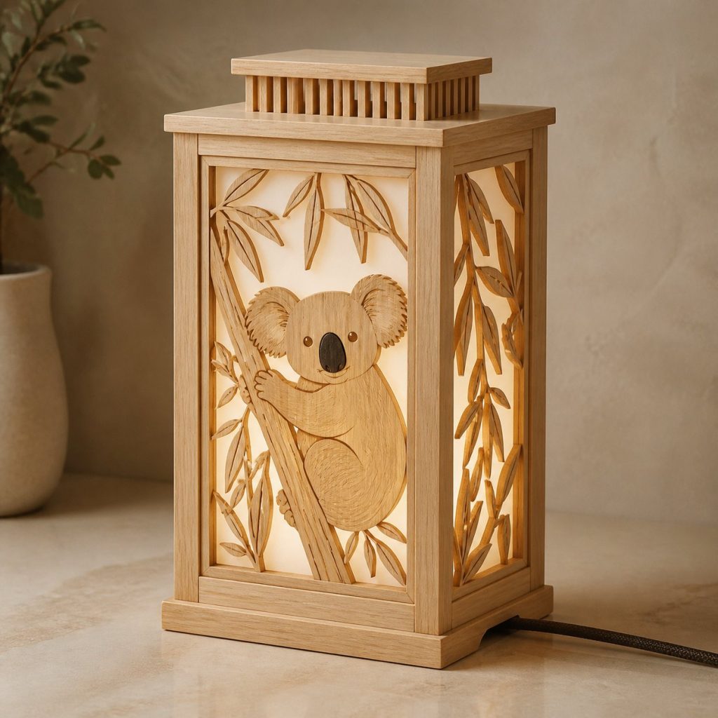 Eucalyptus Koala Lantern shown as an original square photorealistic koala lamp made from natural light-yellow wood with fine grain and warm diffused light