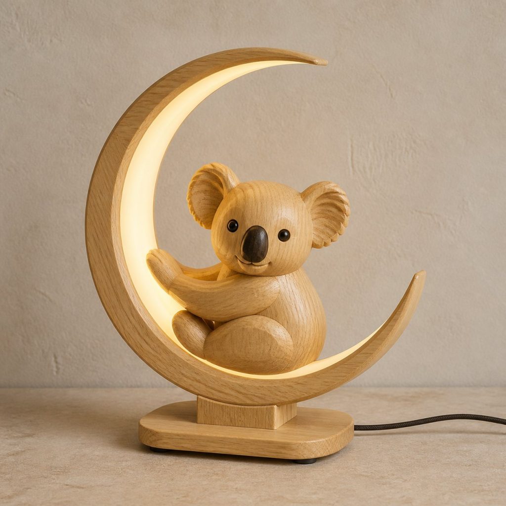 Koala-and-Moon Ring Lamp shown as an original square photorealistic koala lamp made from natural light-yellow wood with fine grain and warm diffused light