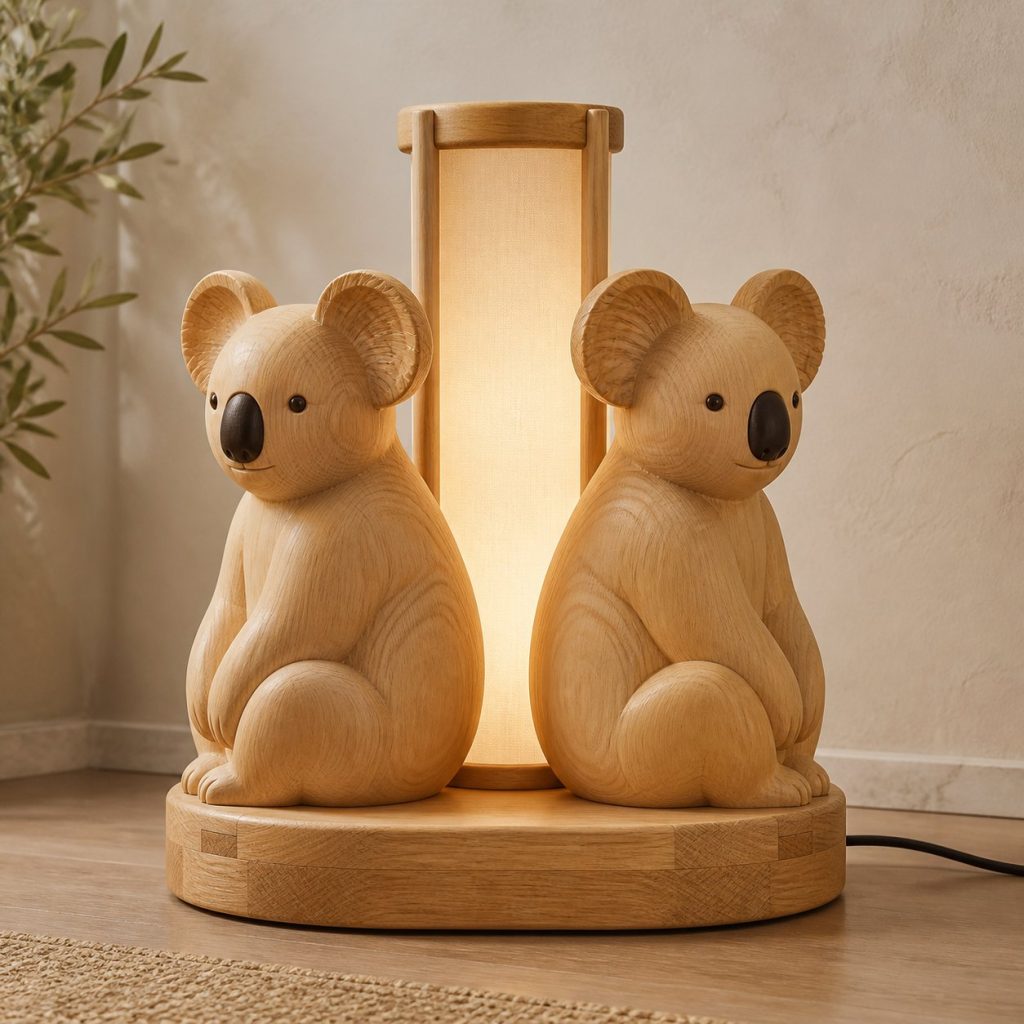 Twin-Koala Floor Lamp shown as an original square photorealistic koala lamp made from natural light-yellow wood with fine grain and warm diffused light