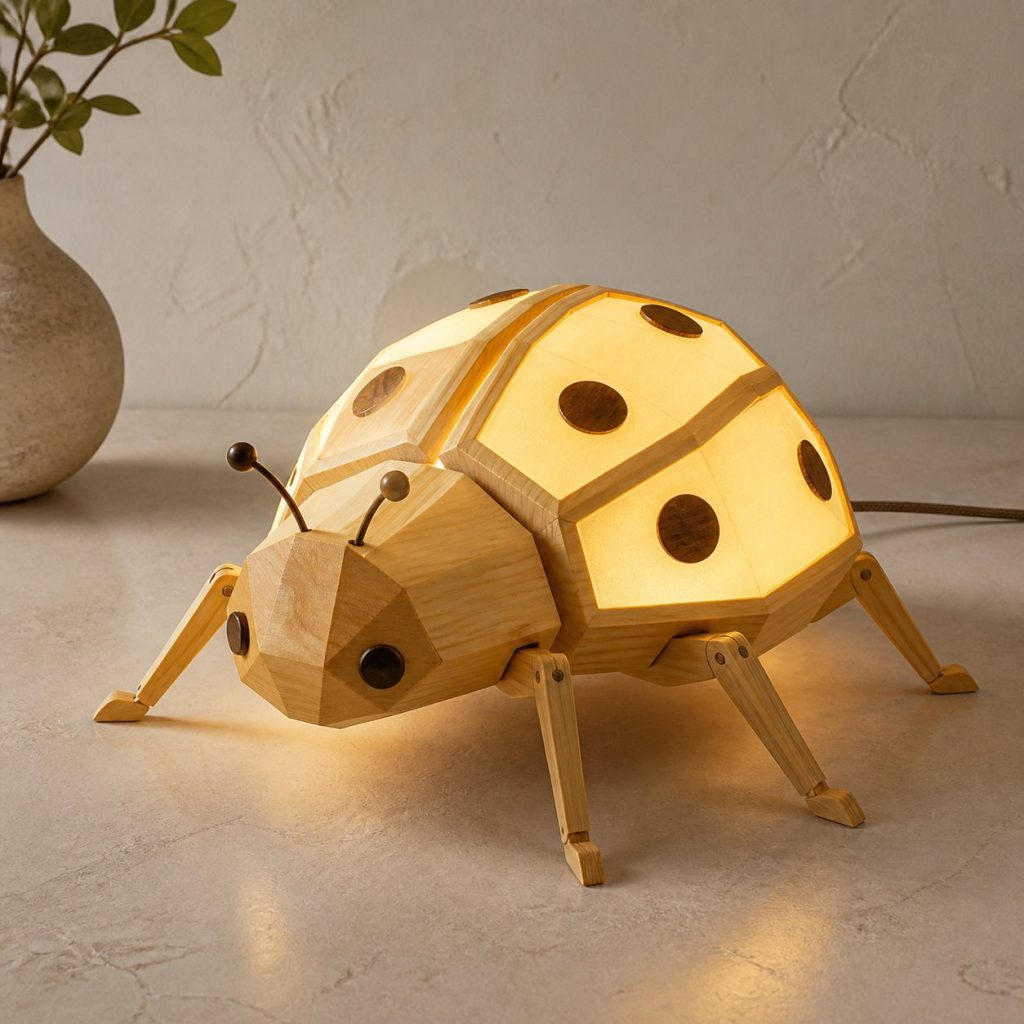 Faceted Ladybug Lamp shown as an original square photorealistic ladybug lamp made from natural light-yellow wood with fine grain and warm diffused light