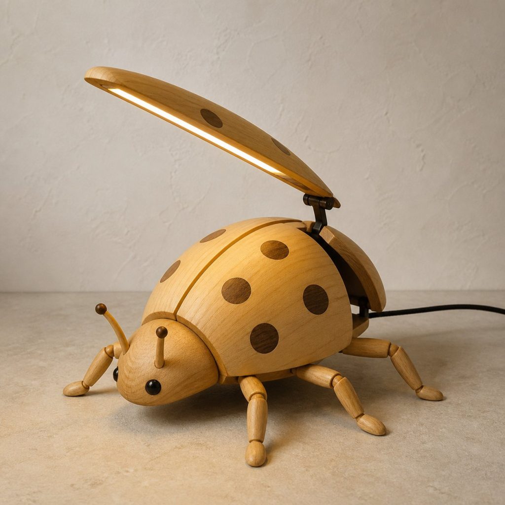 Ladybug-Wing Desk Task Lamp shown as an original square photorealistic ladybug lamp made from natural light-yellow wood with fine grain and warm diffused light