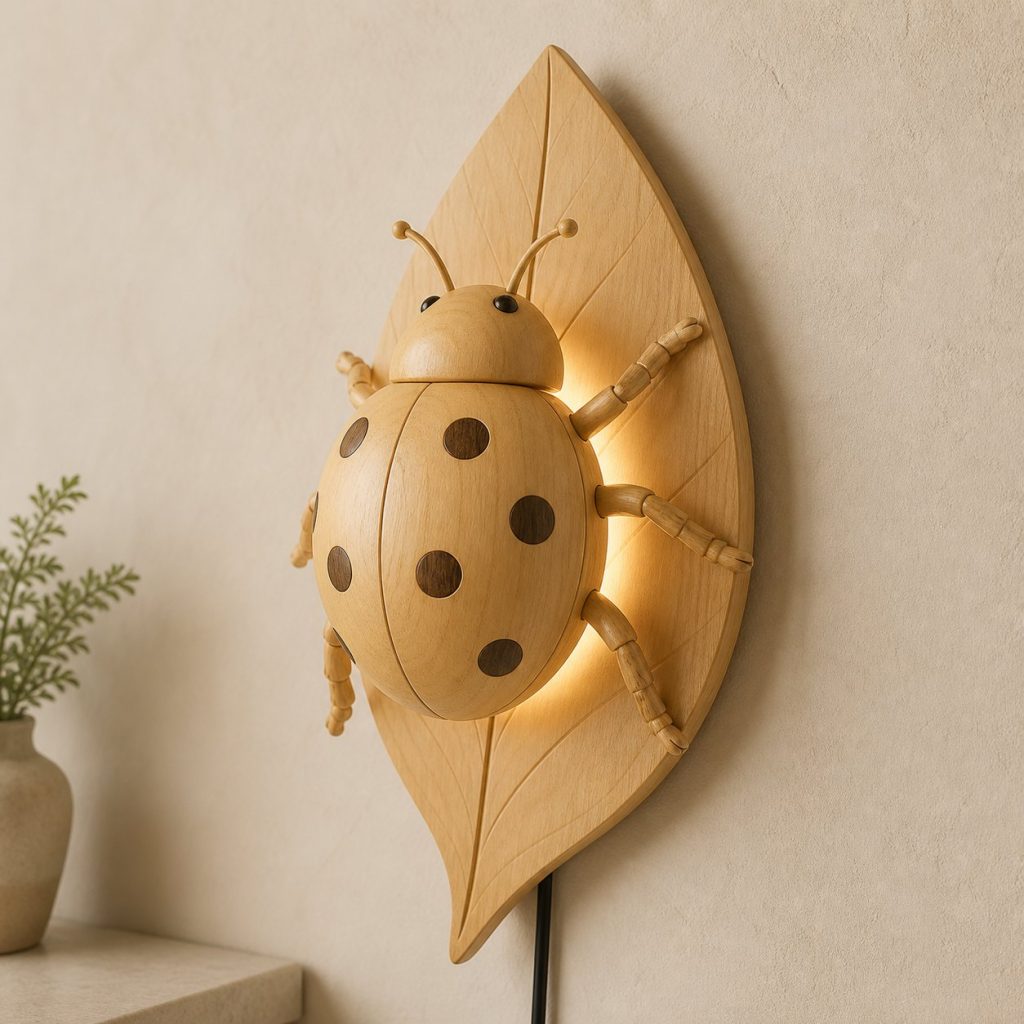 Climbing Ladybug Wall Sconce shown as an original square photorealistic ladybug lamp made from natural light-yellow wood with fine grain and warm diffused light