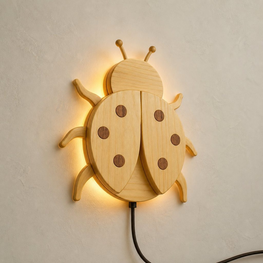 Layered Ladybug Wall Lamp shown as an original square photorealistic ladybug lamp made from natural light-yellow wood with fine grain and warm diffused light