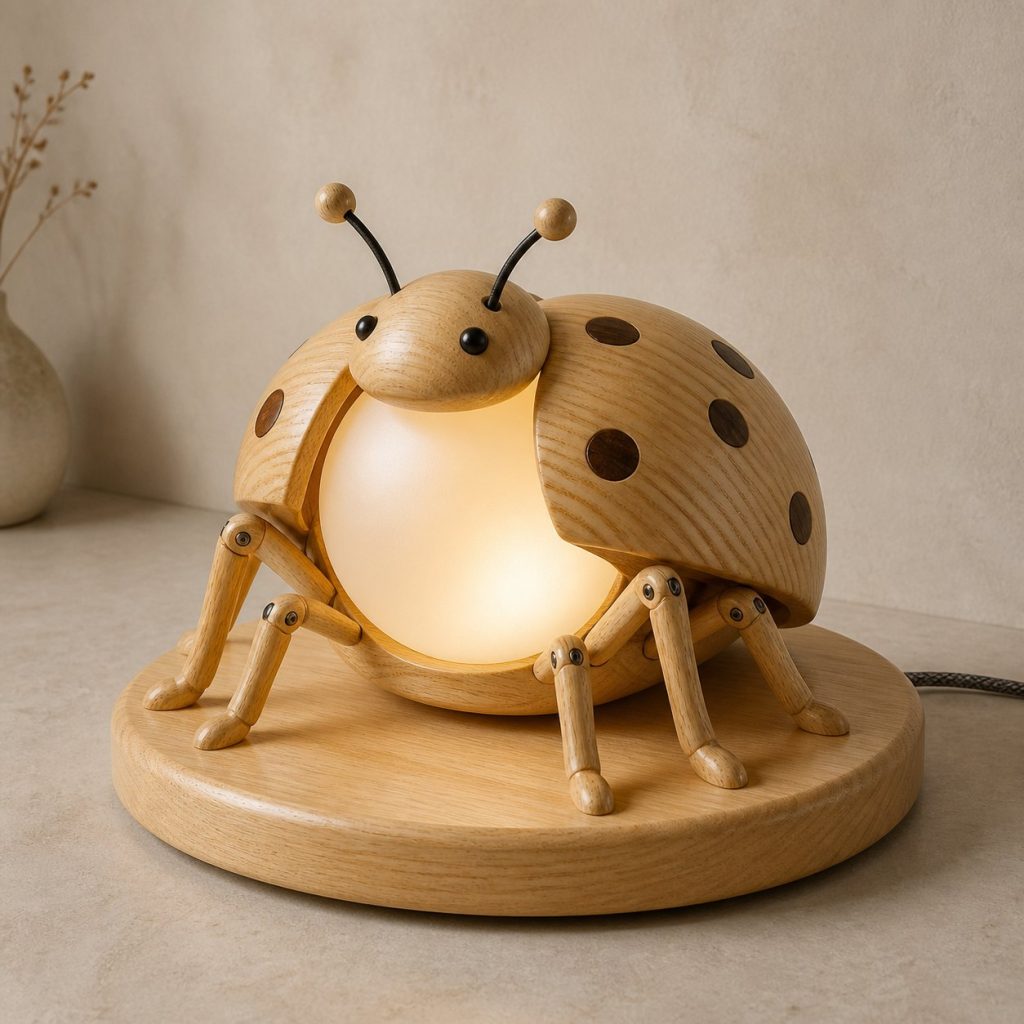 Ladybug Orb Lamp shown as an original square photorealistic ladybug lamp made from natural light-yellow wood with fine grain and warm diffused light