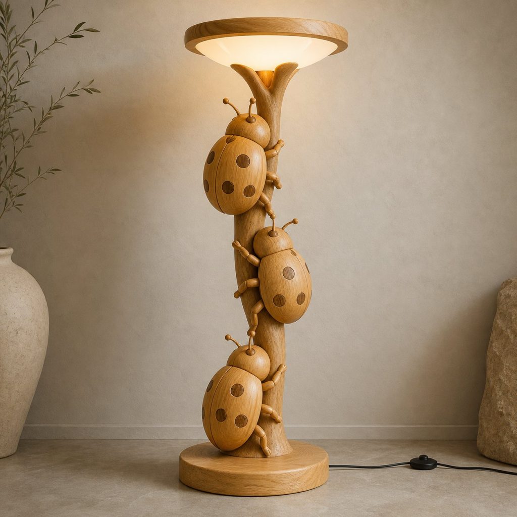 Stacked Ladybug Floor Lamp shown as an original square photorealistic ladybug lamp made from natural light-yellow wood with fine grain and warm diffused light