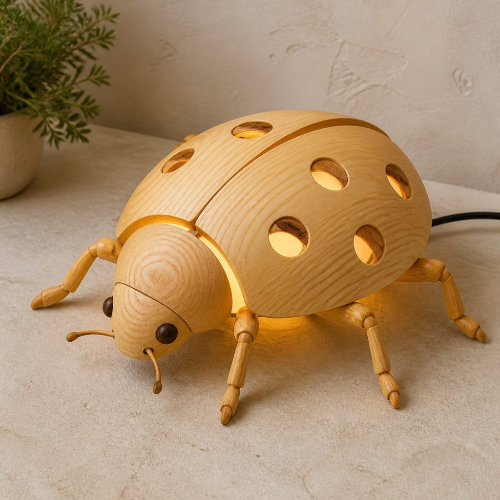 Garden Ladybug Lantern shown as an original square photorealistic ladybug lamp made from natural light-yellow wood with fine grain and warm diffused light