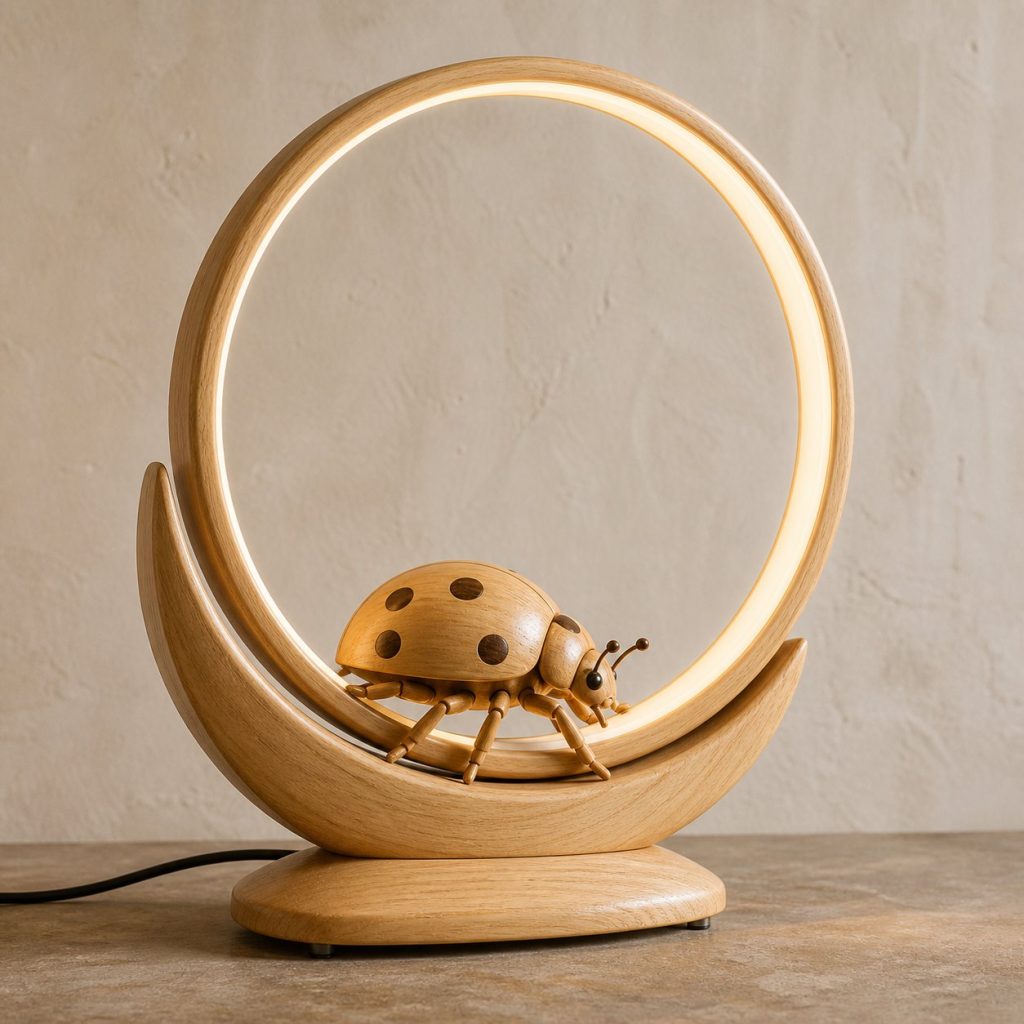 Ladybug-and-Sun Ring Lamp shown as an original square photorealistic ladybug lamp made from natural light-yellow wood with fine grain and warm diffused light