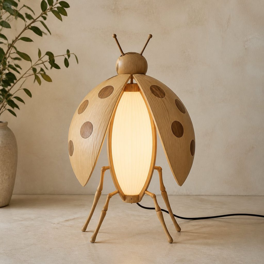 Paired-Wing Ladybug Floor Lamp shown as an original square photorealistic ladybug lamp made from natural light-yellow wood with fine grain and warm diffused light