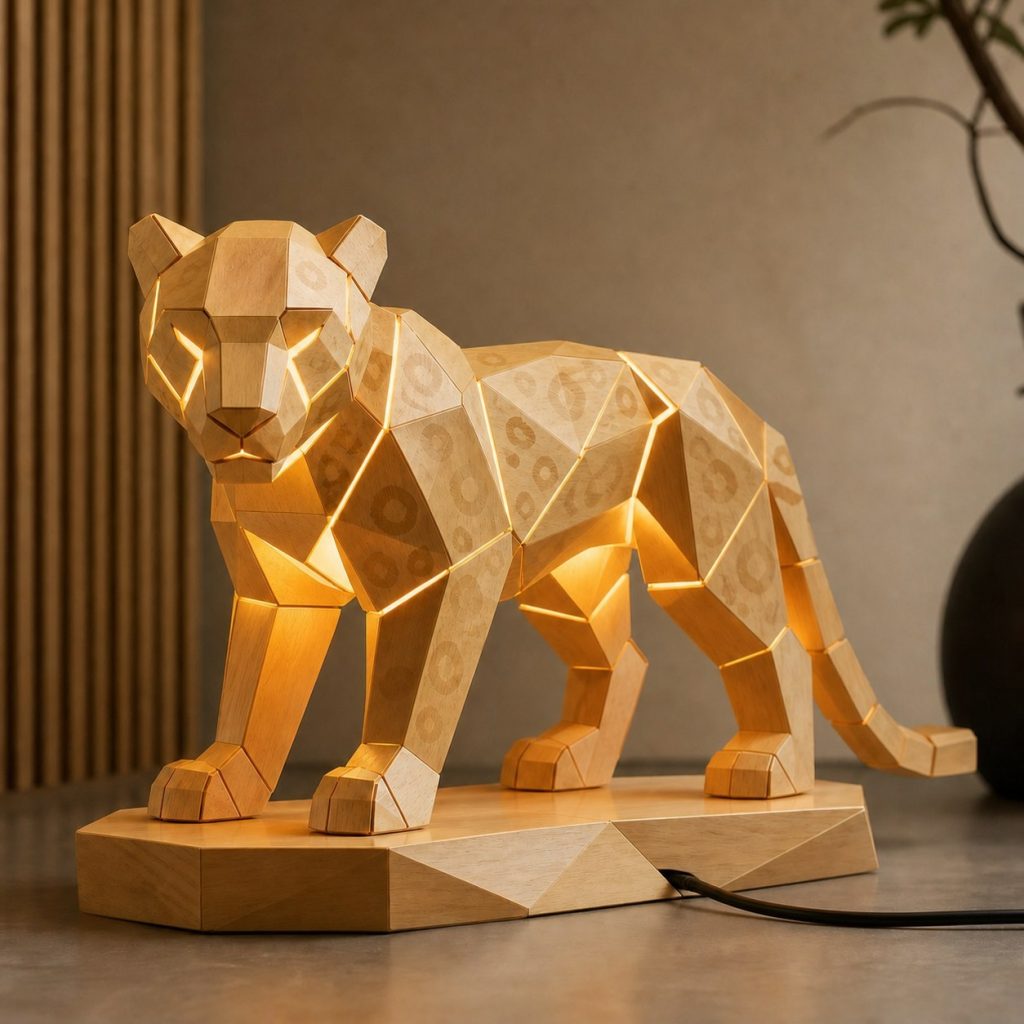 Faceted Leopard Lamp shown as an original square photorealistic leopard lamp made from natural light-yellow wood with fine grain and warm diffused light
