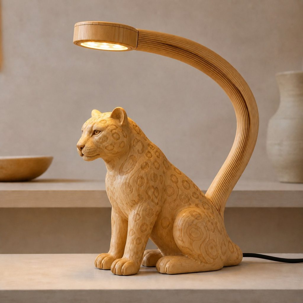 Leopard-Tail Desk Task Lamp shown as an original square photorealistic leopard lamp made from natural light-yellow wood with fine grain and warm diffused light