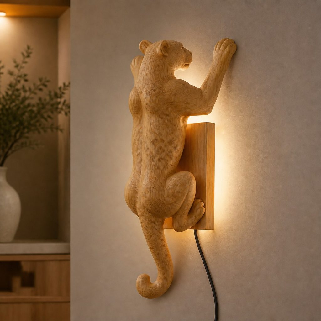 Climbing Leopard Wall Sconce shown as an original square photorealistic leopard lamp made from natural light-yellow wood with fine grain and warm diffused light