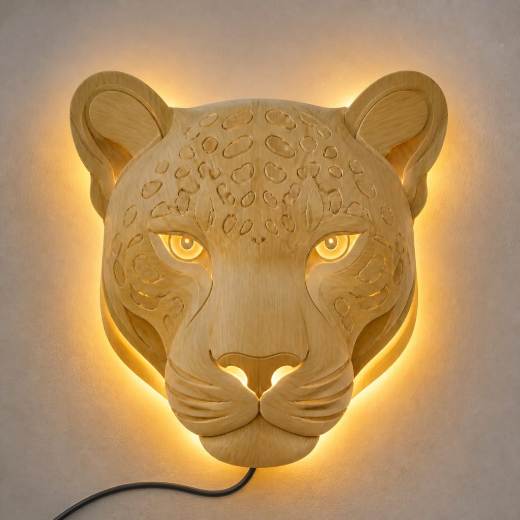 Layered Leopard Face Wall Lamp shown as an original square photorealistic leopard lamp made from natural light-yellow wood with fine grain and warm diffused light
