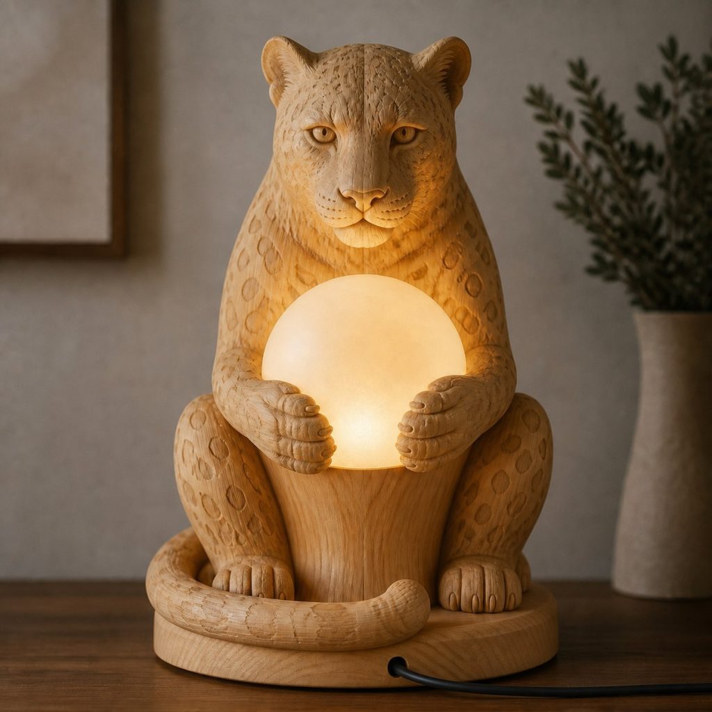 Leopard Orb Lamp shown as an original square photorealistic leopard lamp made from natural light-yellow wood with fine grain and warm diffused light