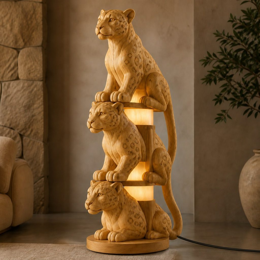 Stacked Leopard Floor Lamp shown as an original square photorealistic leopard lamp made from natural light-yellow wood with fine grain and warm diffused light