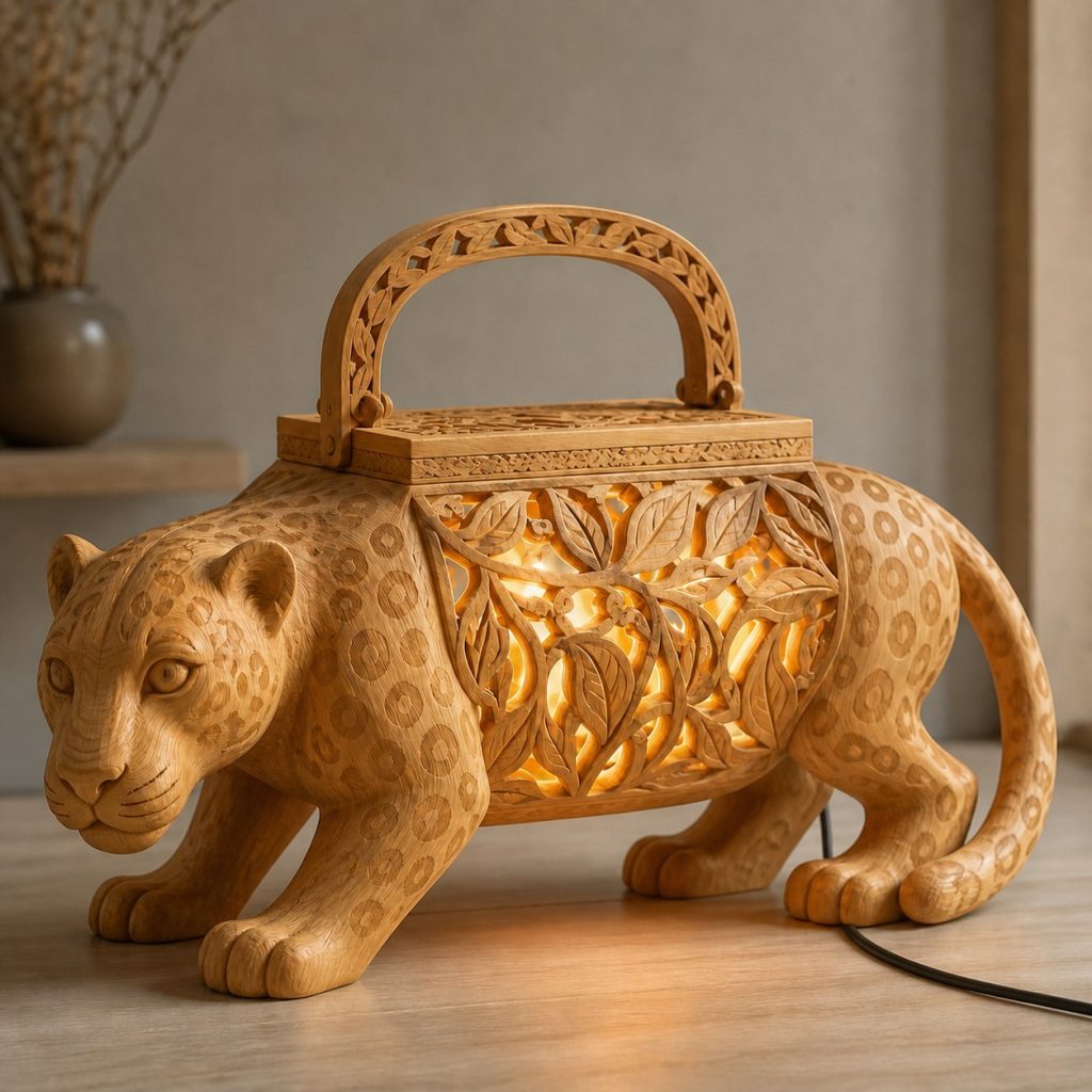 Jungle Leopard Lantern shown as an original square photorealistic leopard lamp made from natural light-yellow wood with fine grain and warm diffused light