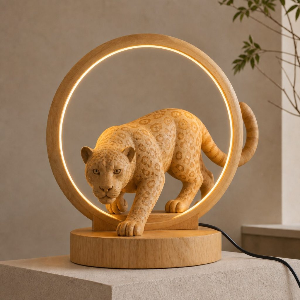 Leopard Moon-Ring Lamp shown as an original square photorealistic leopard lamp made from natural light-yellow wood with fine grain and warm diffused light
