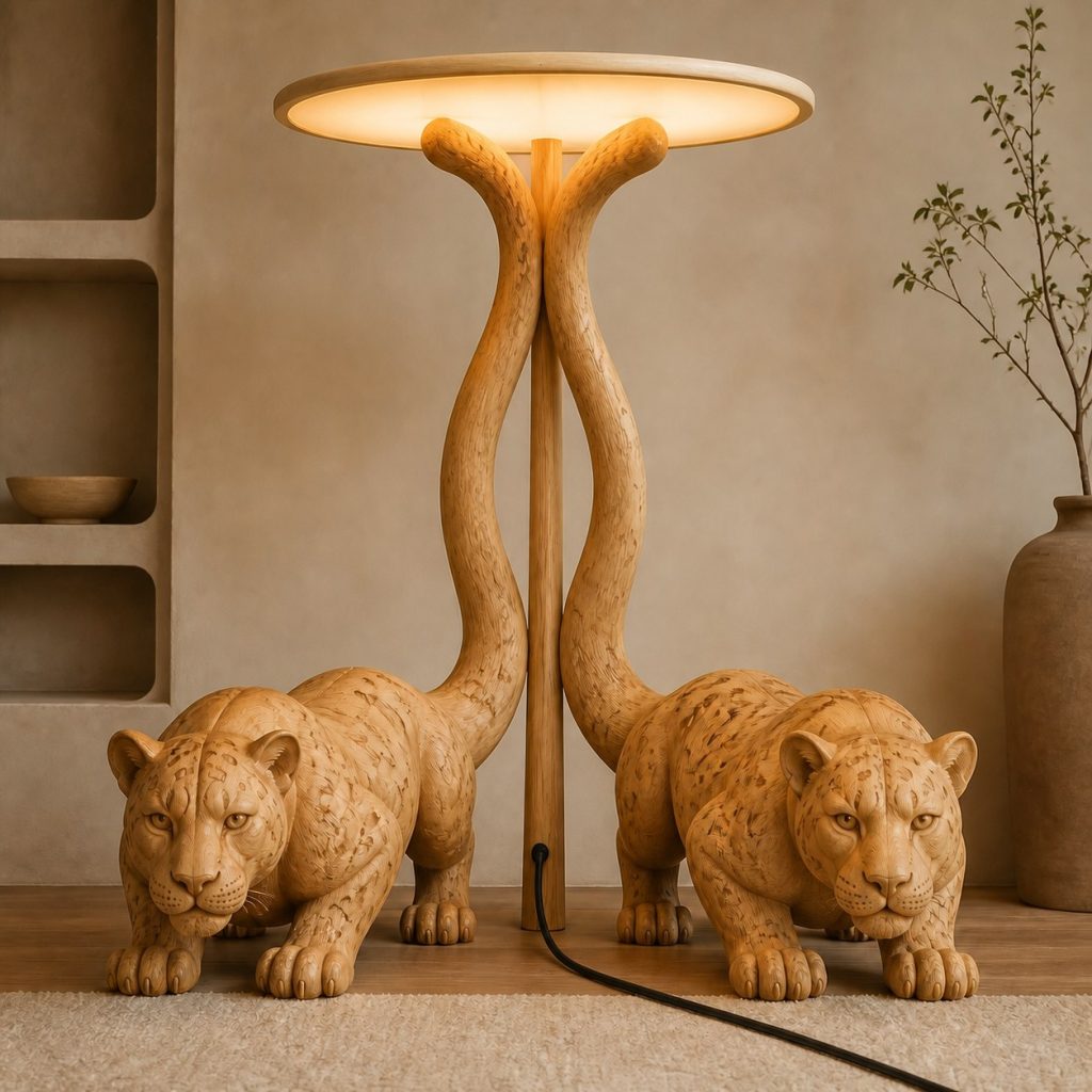 Paired-Tail Leopard Floor Lamp shown as an original square photorealistic leopard lamp made from natural light-yellow wood with fine grain and warm diffused light