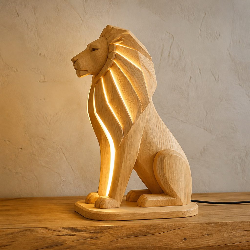 Light-Yellow Lion Profile Lamp shown as an original square photorealistic light-yellow wood lion lamp made from natural light-yellow wood with fine grain and warm diffused light