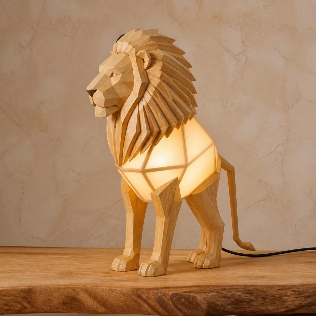 Faceted Light-Yellow Lion Lamp shown as an original square photorealistic light-yellow wood lion lamp made from natural light-yellow wood with fine grain and warm diffused light