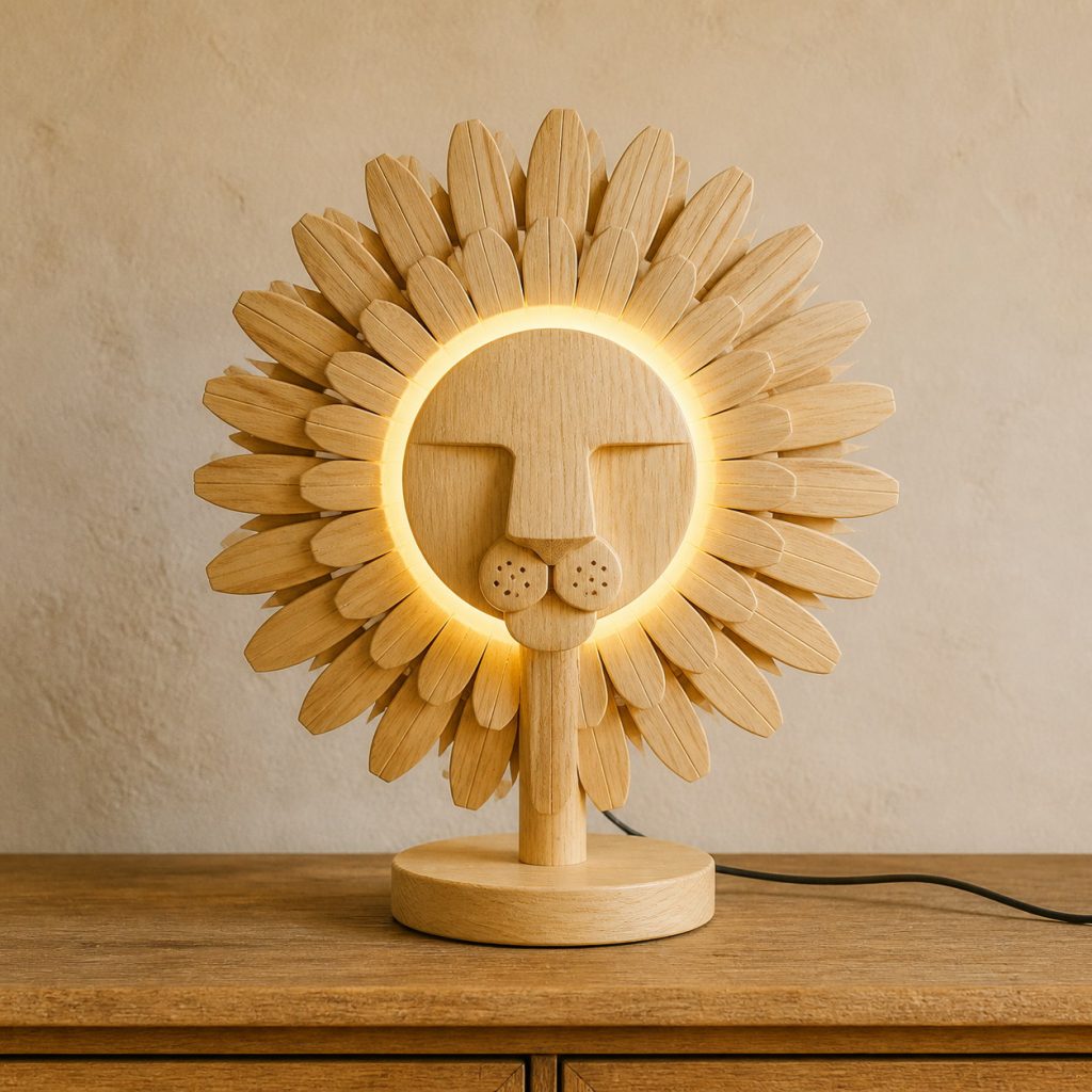 Radial-Mane Lion Halo Lamp shown as an original square photorealistic light-yellow wood lion lamp made from natural light-yellow wood with fine grain and warm diffused light