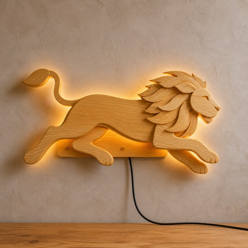 Running Lion Wall Sconce shown as an original square photorealistic light-yellow wood lion lamp made from natural light-yellow wood with fine grain and warm diffused light