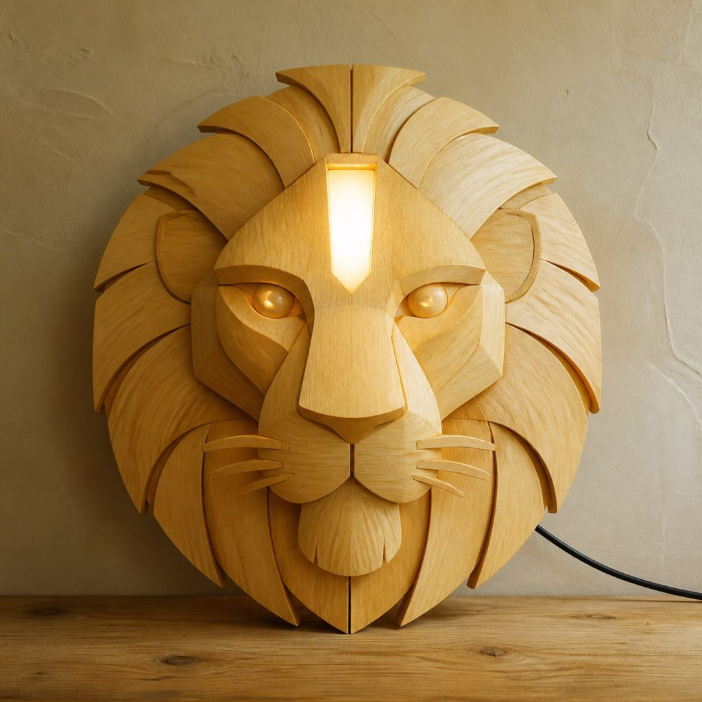 Layered Lion Face Wall Lamp shown as an original square photorealistic light-yellow wood lion lamp made from natural light-yellow wood with fine grain and warm diffused light