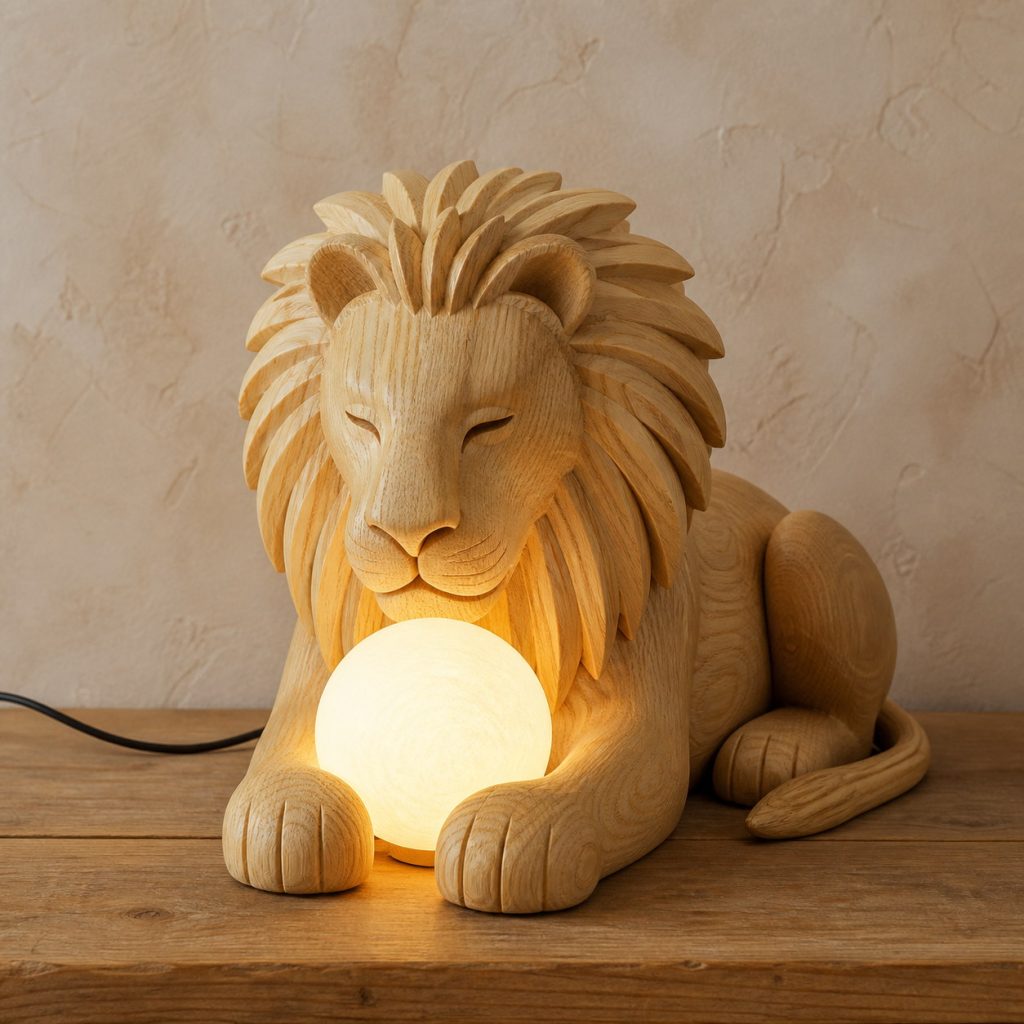 Resting Lion Orb Lamp shown as an original square photorealistic light-yellow wood lion lamp made from natural light-yellow wood with fine grain and warm diffused light